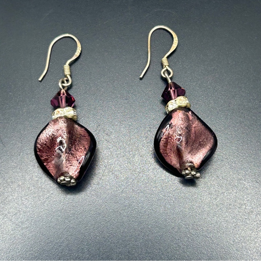 Artisan Made Purple Glass & Silver Drop Earrings
